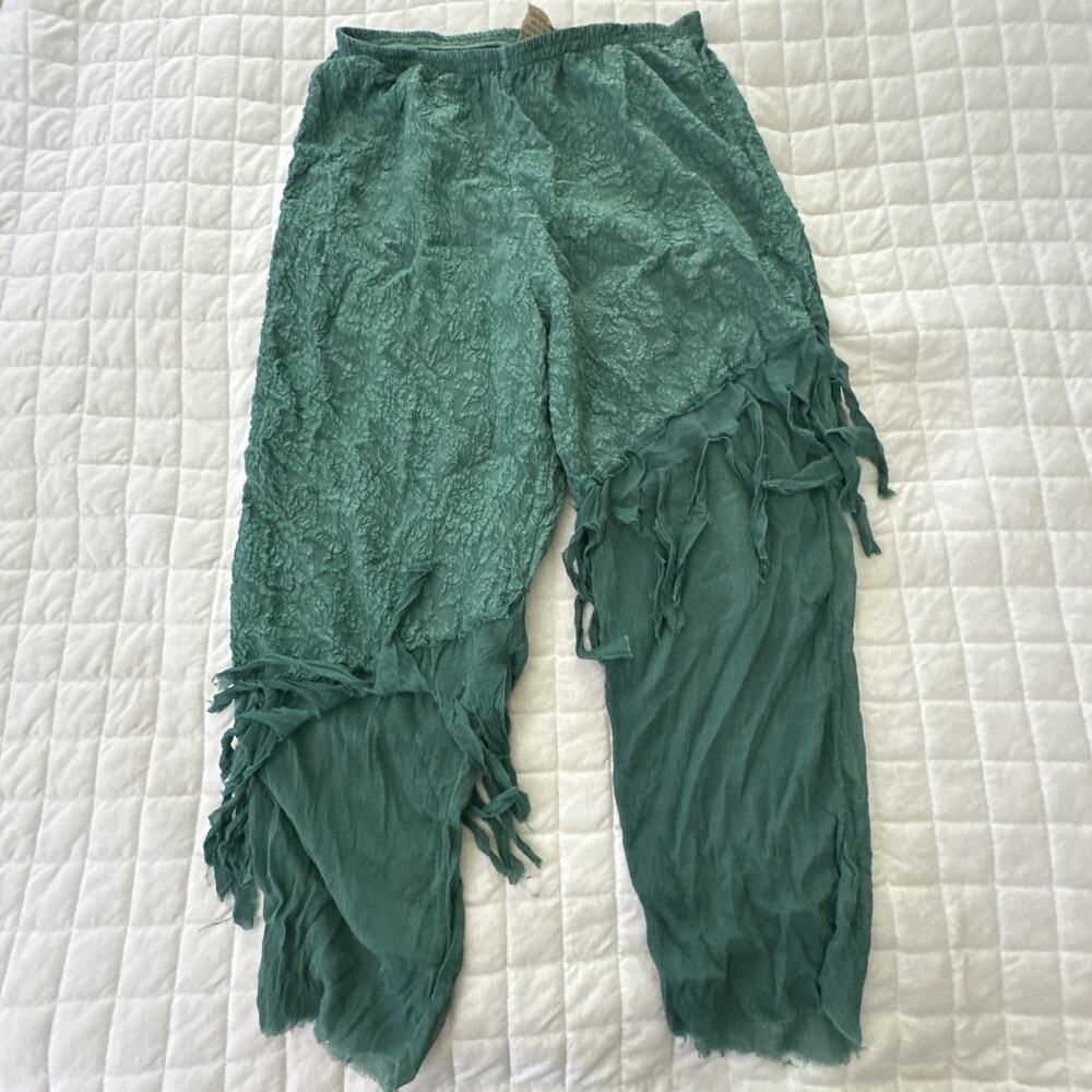 URU Kristine St Rrik Pants Womens One Size Green Silk Crinkle Fringed Artsy Boho
